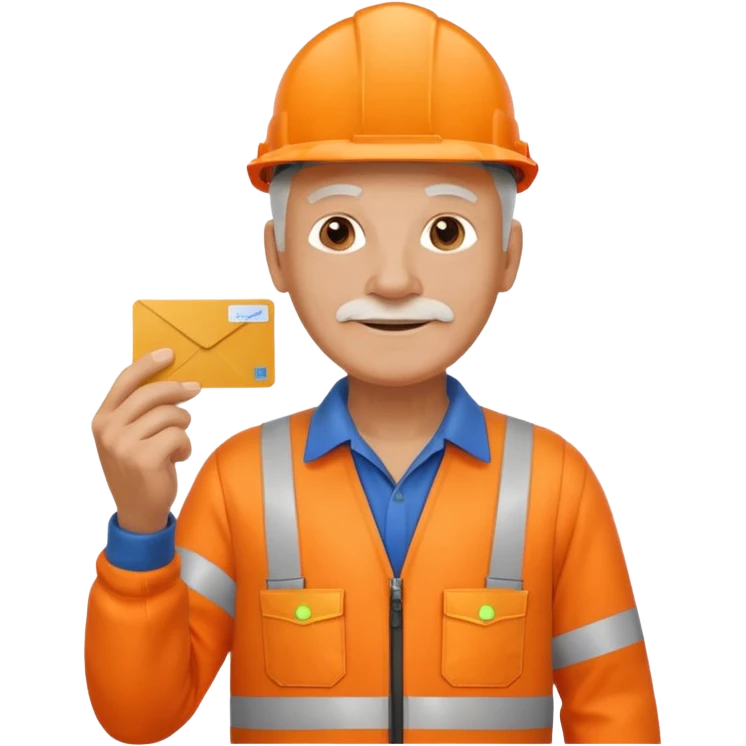 older engineer hi-vis orange overalls full body holding a card emoji