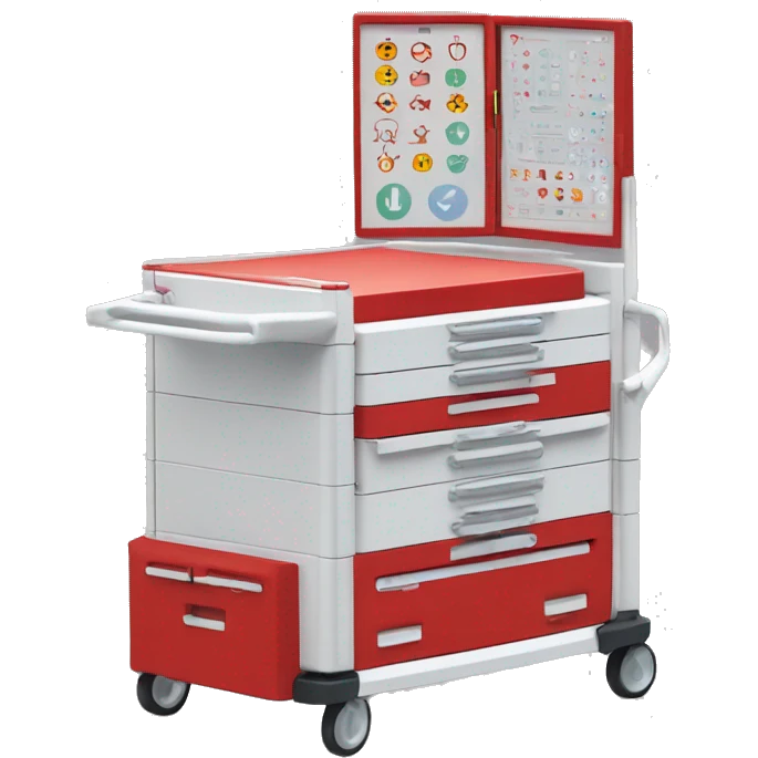 Singular Red medical crash cart is a mobile, multi-drawer unit designed to store and organize emergency medical supplies and equipment emoji