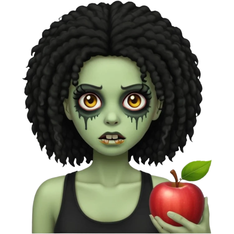 a female zombie with sage green skin, black long afro hair, eyelashes and a black tank top in apple emoji style emoji
