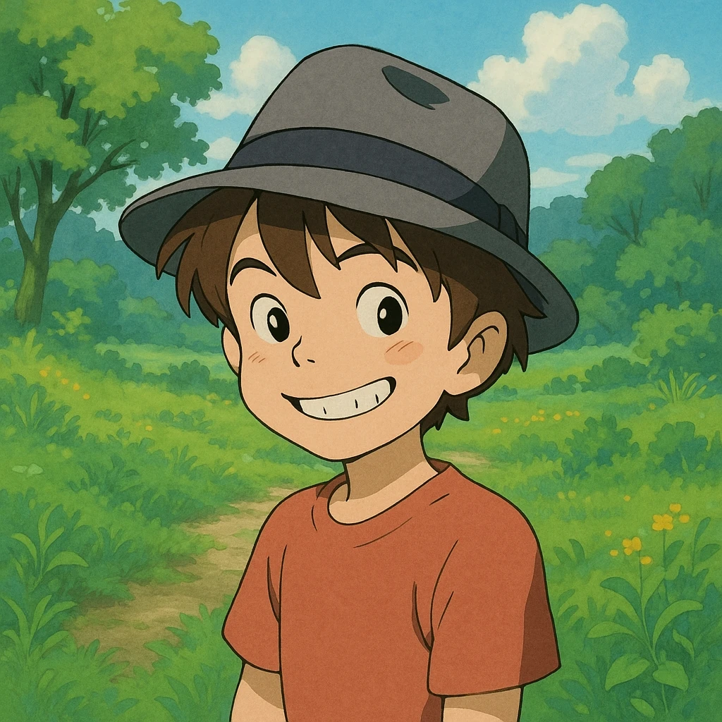 boy with a tilted gray fedora, playful smile, lush scenery, Ghibli style emoji