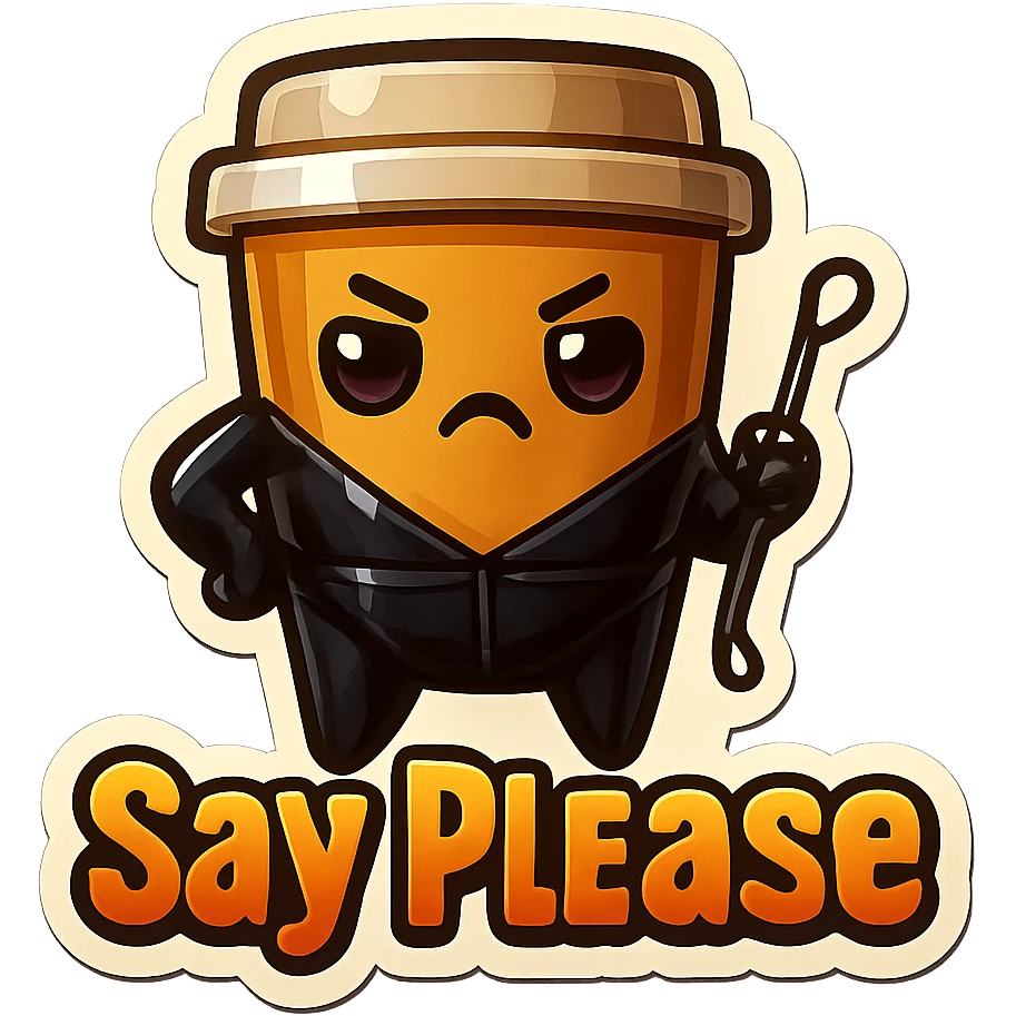 Tall coffee cup, dressed in leather holding a whipping crop, eyebrow furrowed, "big "Say Please" emoji
