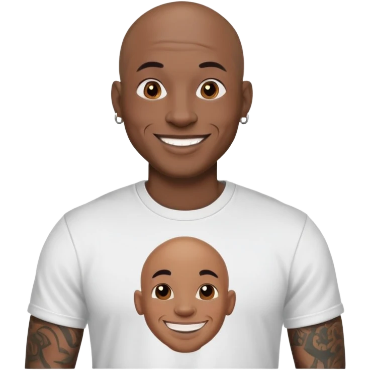 bald black man with full face tattoos, smiling, wearing a t-shirt emoji