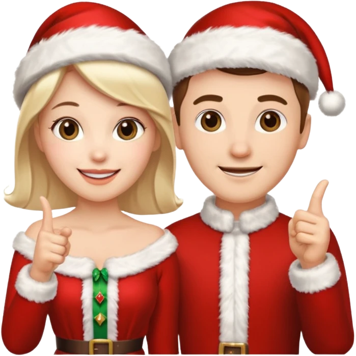 Adult couple wearing Xmas outfit pointing at you emoji