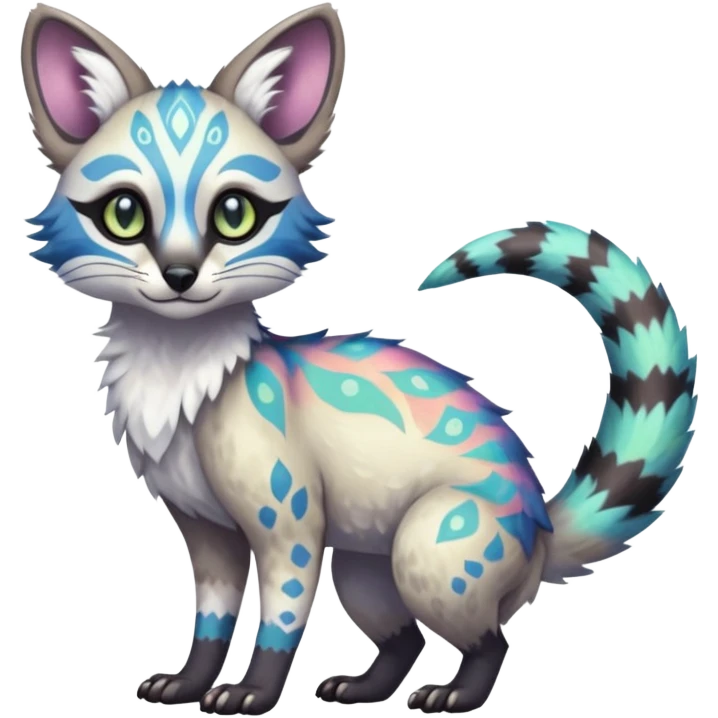 Rare iridescent white exotic epic aesthetic colorful Trico-Genet-species-Fakemon-hybrid-creature, with intricate tattoo markings, full body emoji