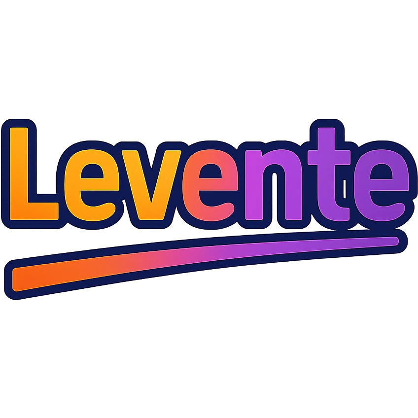 Levente name in modern colorful gradient font with dark outline, partially or fully underlined with dynamic slanted underline, transparent background, in the style of the sample images emoji