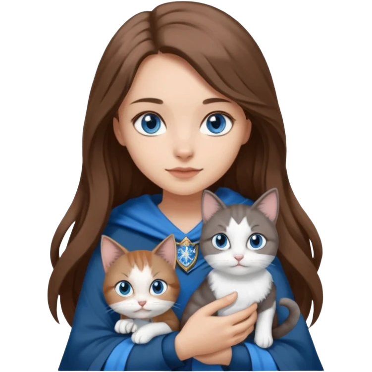 gorgeous Girl with light skin, blue eyes, long brown hair, wears a ravenclaw outfit, with a grey and white cat holding in her arms emoji