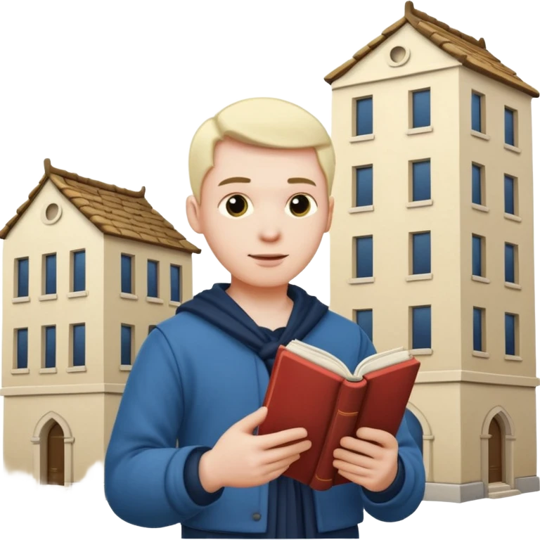 a man in clan clothes reads a book and twists a building in his hand  emoji