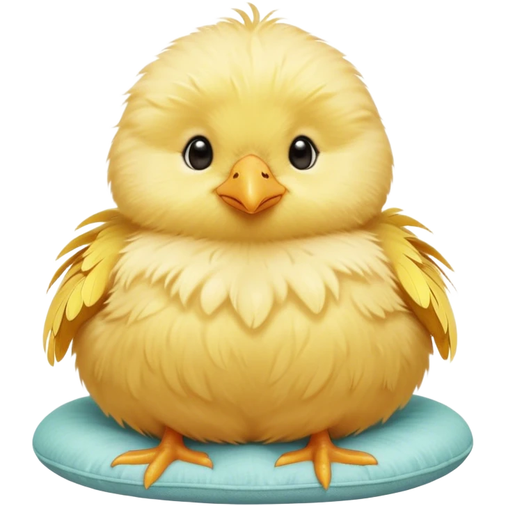 Cinematic round fluffy chick, golden yellow, tiny beak and feet, soft downy feathers, sparkling gentle eyes, sitting on a pastel-colored cushion, radiating warmth and sweetness. emoji