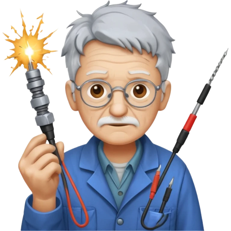 A scatteredbrained old tinkerer with messy workshop coat, holding sparking wires.
 emoji