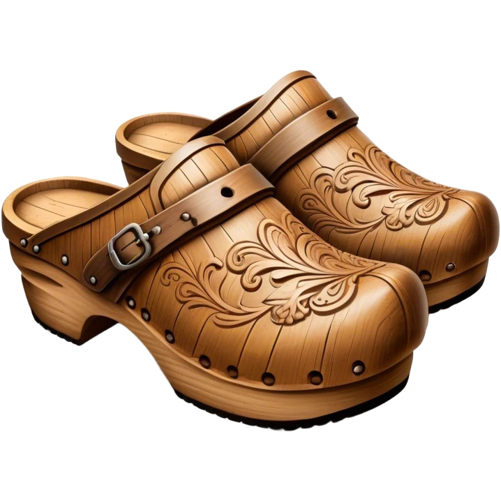Cinematic Realistic Wooden Clogs Emoji, depicted as a pair of traditionally carved weathered wooden clogs with intricate details and rustic charm, rendered with rich textures and warm natural lighting that captures their cultural heritage. emoji