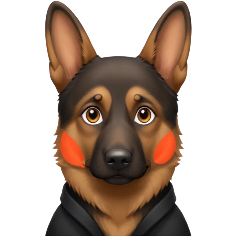 A close-up portrait of a German Shepherd with intense brown eyes and alert ears, against a blurred natural background. High realism, shallow depth of field. emoji
