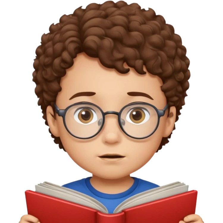 little boy with brown curly hair, wearing glasses, reading comic book emoji
