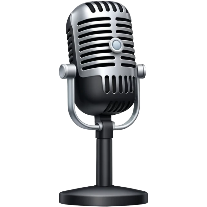 An emoji of a classic microphone. A sleek, metallic design with a black grille on top, slightly angled as if ready for speaking or singing. Simple, modern, and professional look emoji