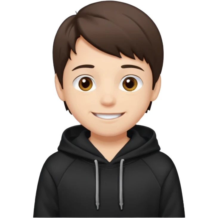 A brunette boy, short straight hair, light brown eyes, with a black sweatshirt with a hoodie, and smile without teeth  emoji