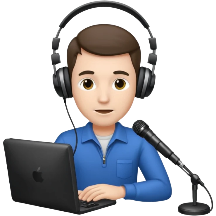 Man with headphones and microphone with computer. Operator emoji
