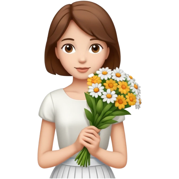 girl with brown hair wearing a white skirt holding a bouquet of flowers emoji