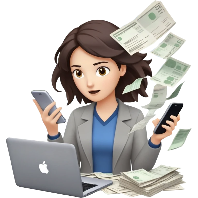 woman holding a phone in one hand, laptop open in front, storm of receipts, invoices, and reminders swirling around, multitasking chaos emoji