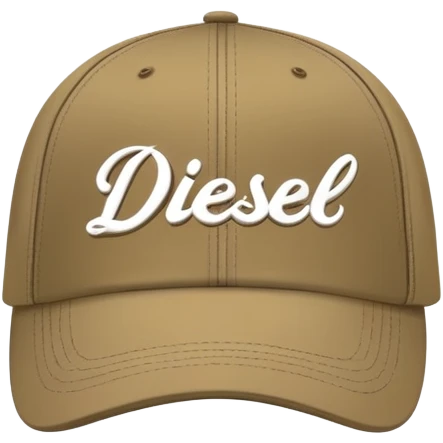 Dark khaki Diesel cap with white cursive 'Diesel' script writing and Diesel logo underneath, no person, isolated baseball cap emoji