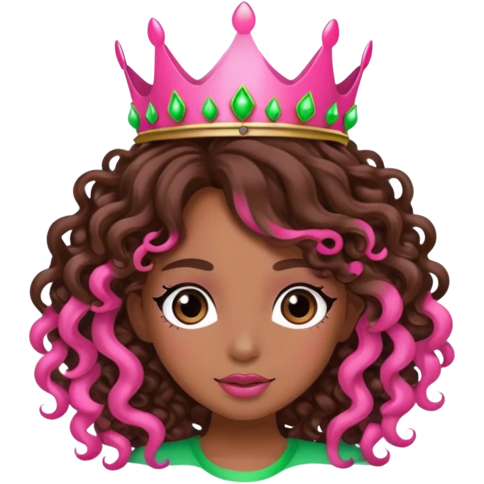 Brown girl diva long curly brown hair with pink and green crown emoji