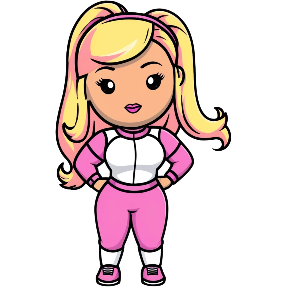 Nicki Minaj wearing a pink outfit with hair that is half blonde and half pink emoji