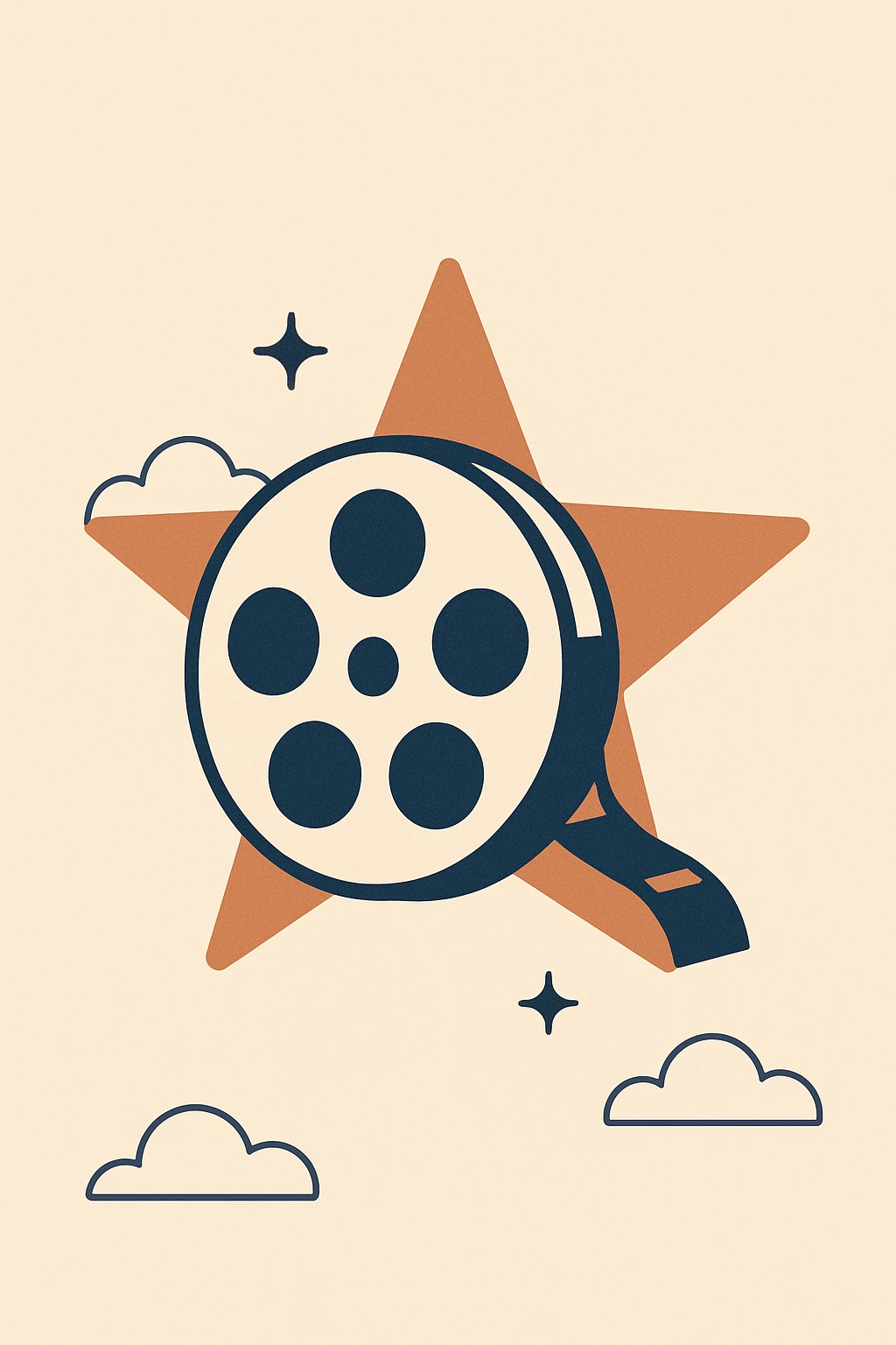 film reel floating in space with a warm copper-colored star behind it, minimal, flat design, copper and dark blue palette emoji