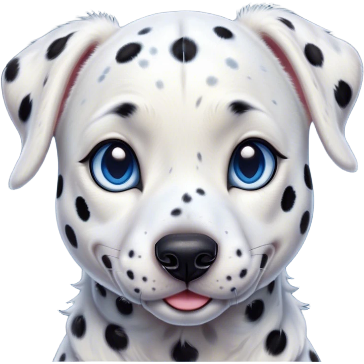 Cinematic Cute Harlequin Dalmatian Portrait Emoji, Head tilted playfully and inquisitively, featuring a glossy Fur of predominantly white with dynamic black patches, round, sparkling blue eyes filled with gentle curiosity, Simplified yet irresistibly adorable features, highly detailed, glowing with a warm, friendly glow, high shine, affectionate and gentle, stylized with a touch of whimsy, bright and endearing, soft glowing outline, capturing the essence of a mischievous yet loving pup, so playful it feels like it could lumber out of the screen and into your arms! emoji