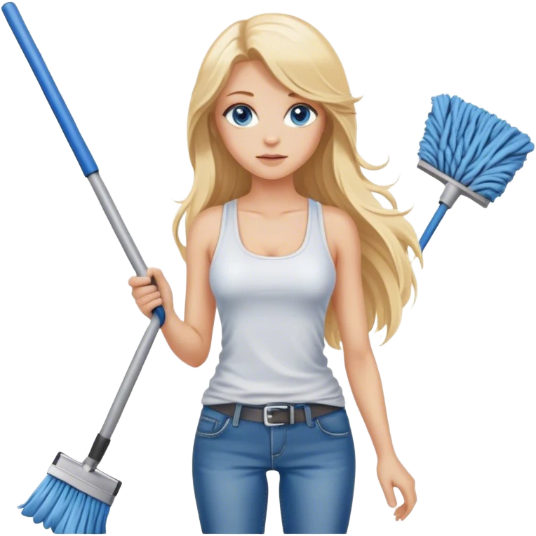 Cinematic realistic blonde with long hair and blue eyes, dressed in jeans and a tank top, holding a mop in her hands emoji