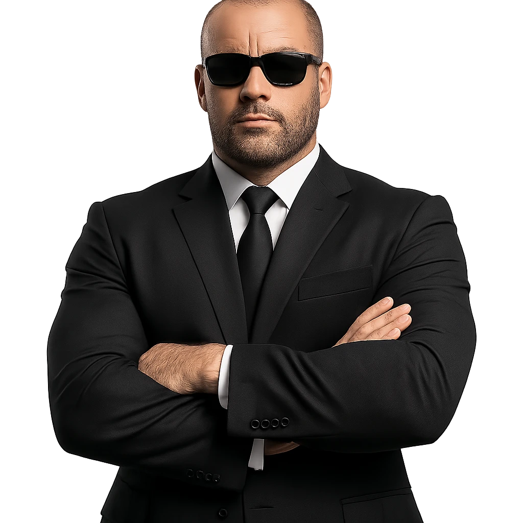 muscular bodyguard with arms crossed, wearing black suit and sunglasses emoji