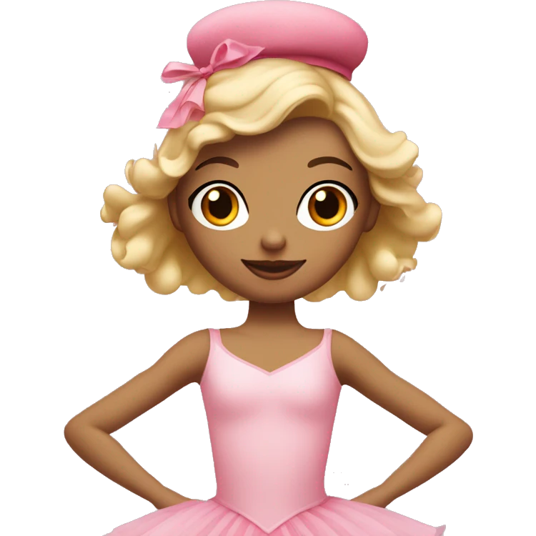 ballet dancer with blonde hair and pink tutu with doll like red cheeks on and a pink hat emoji
