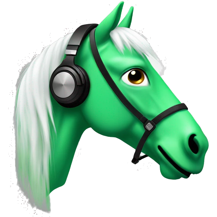 emoji of a green horse with white hair, and dj headphones on. it’s face is made of combination of laughing emoji and kissing emoji  emoji