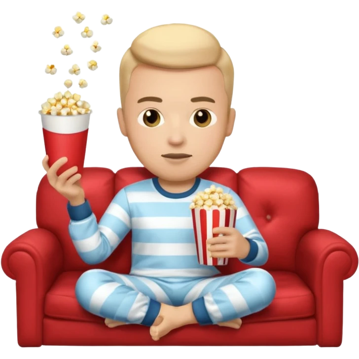 male memoji, in pajamas, sitting on couch, holding TV remote controller, relaxed face, casual home vibe, popcorn bucket on couch emoji