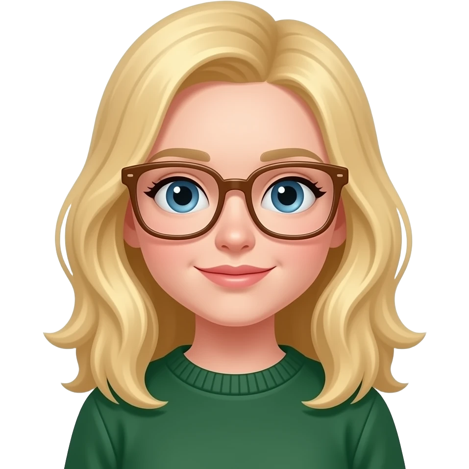 Blond Hair girl with squared light brown glasses, blue eyes. White skin and dark green pullover. emoji