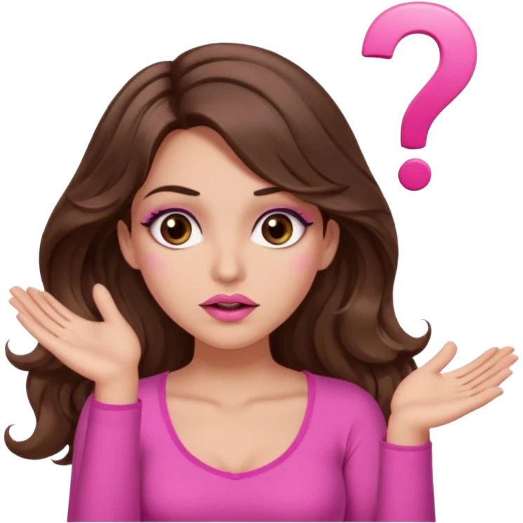 girl with long wavy brown hair, brown eyes, long lashes makeup, sexy pink lips, light to medium complexion, pink sexy top,, shrugging with both hands, confused, question mark emoji