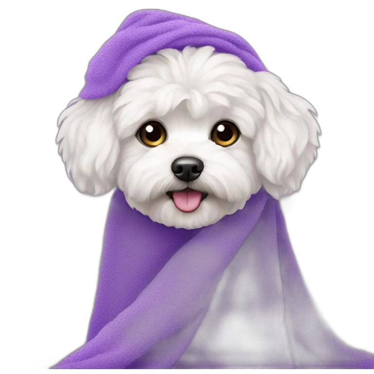White maltipoo with purple towel emoji