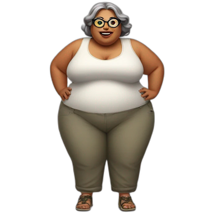 Fat woman with hearing aid and wide pants with snake glasses with big ears emoji
