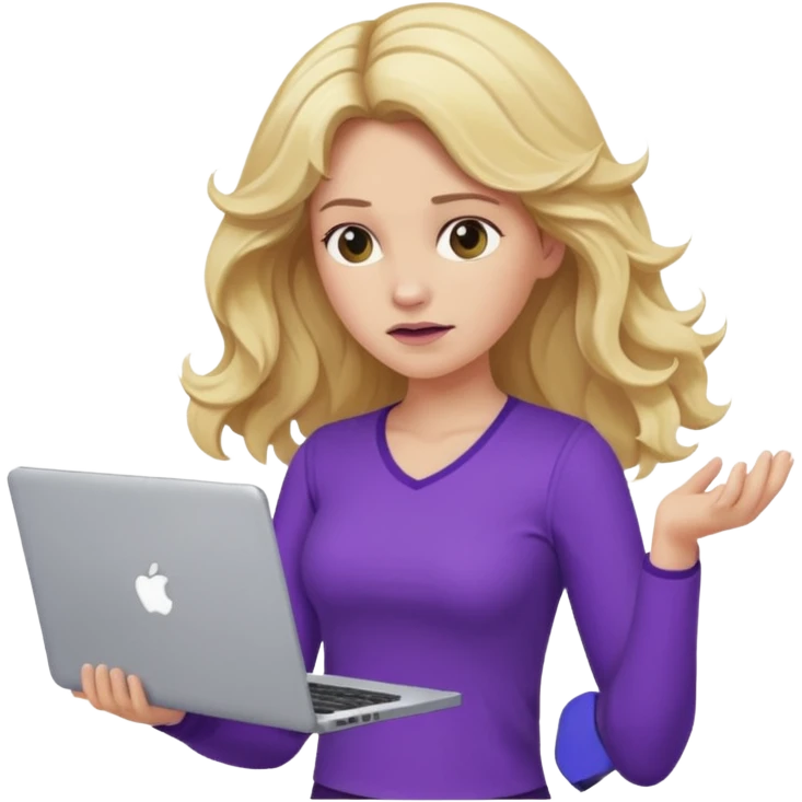lady with long blonde wavy hair, purple top throwing her with a laptop looking defeated emoji