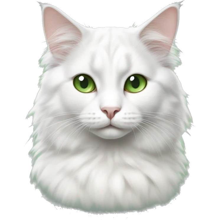 Fluffy white Turkish van cat with gray cow spots green eyes emoji
