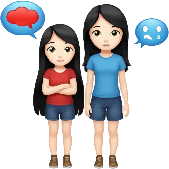 cute girl full body with long black hair with speech bubbles not have money emoji