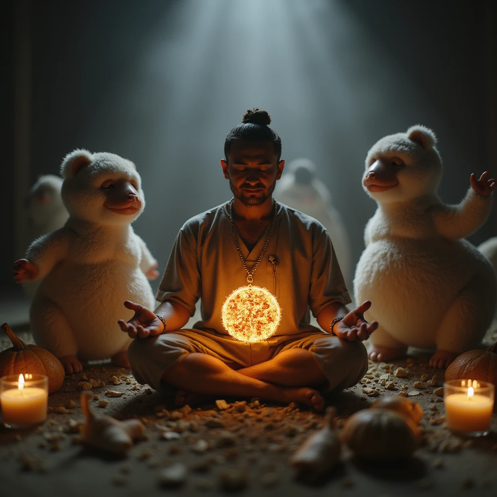 hyperrealistic 4K image of a man meditating before eating, food glowing with nutritional data, gut microbiome characters in the background, Zen aesthetics, reference image for likeness emoji
