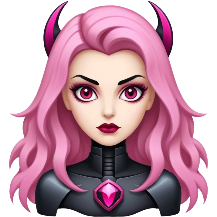 vampira de cabelo loiro escuro com mecha rosa no lado esquerdo cabelo no ombro franja abaixo da sobrancelha olhos pretos pele palida emoji