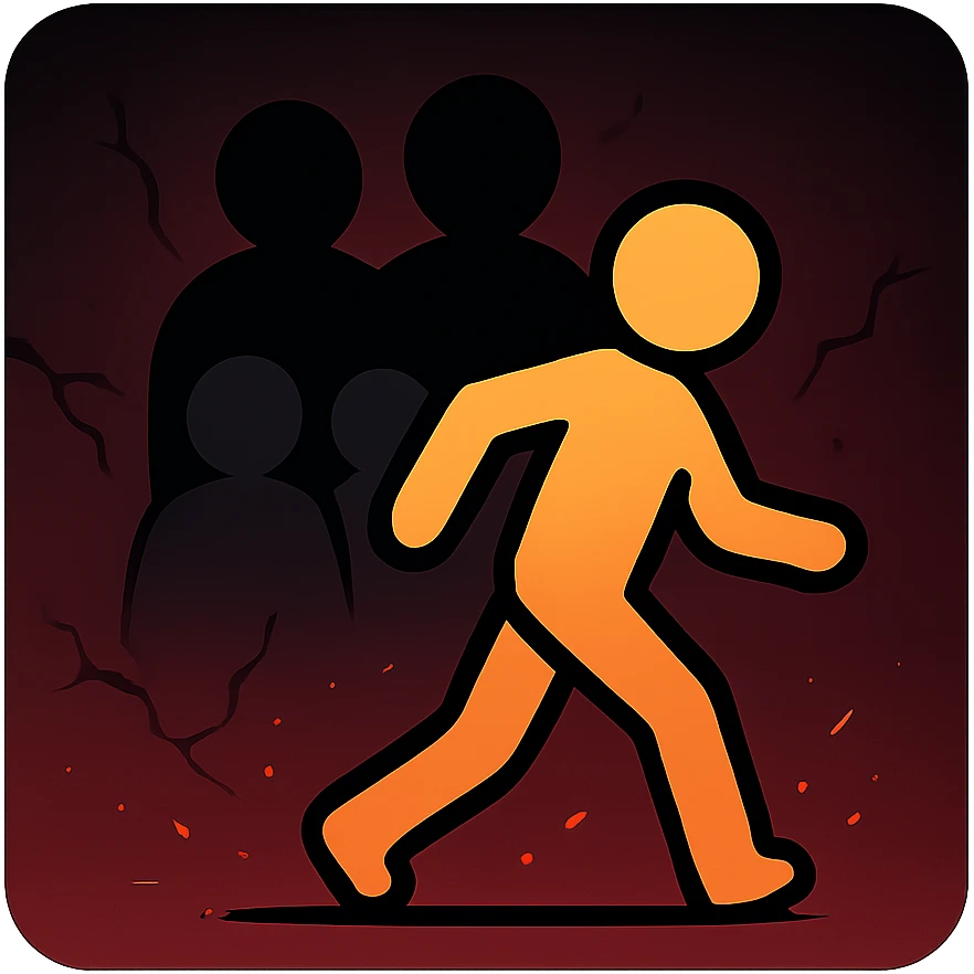 thumbnail with silhouette of person stepping away from shadowy figures, dark background with deep red and black gradients, faint cracks and spark effects emoji