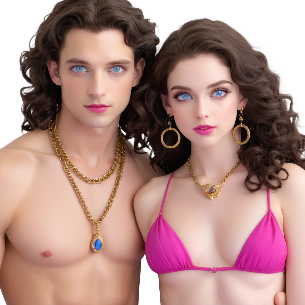 attractive couple in nightclub, colorful lights, woman with big blue-grey eyes, long lashes, pale skin, pink lips, long voluminous dark brown curls, gold hoop earrings, extremely revealing tiny top exposing skin next to handsome man with intense blue-grey eyes, chiseled features, pale skin, confident smirk, dark brown styled hair, gold chain, shirtless showing muscles, dancing close together emoji