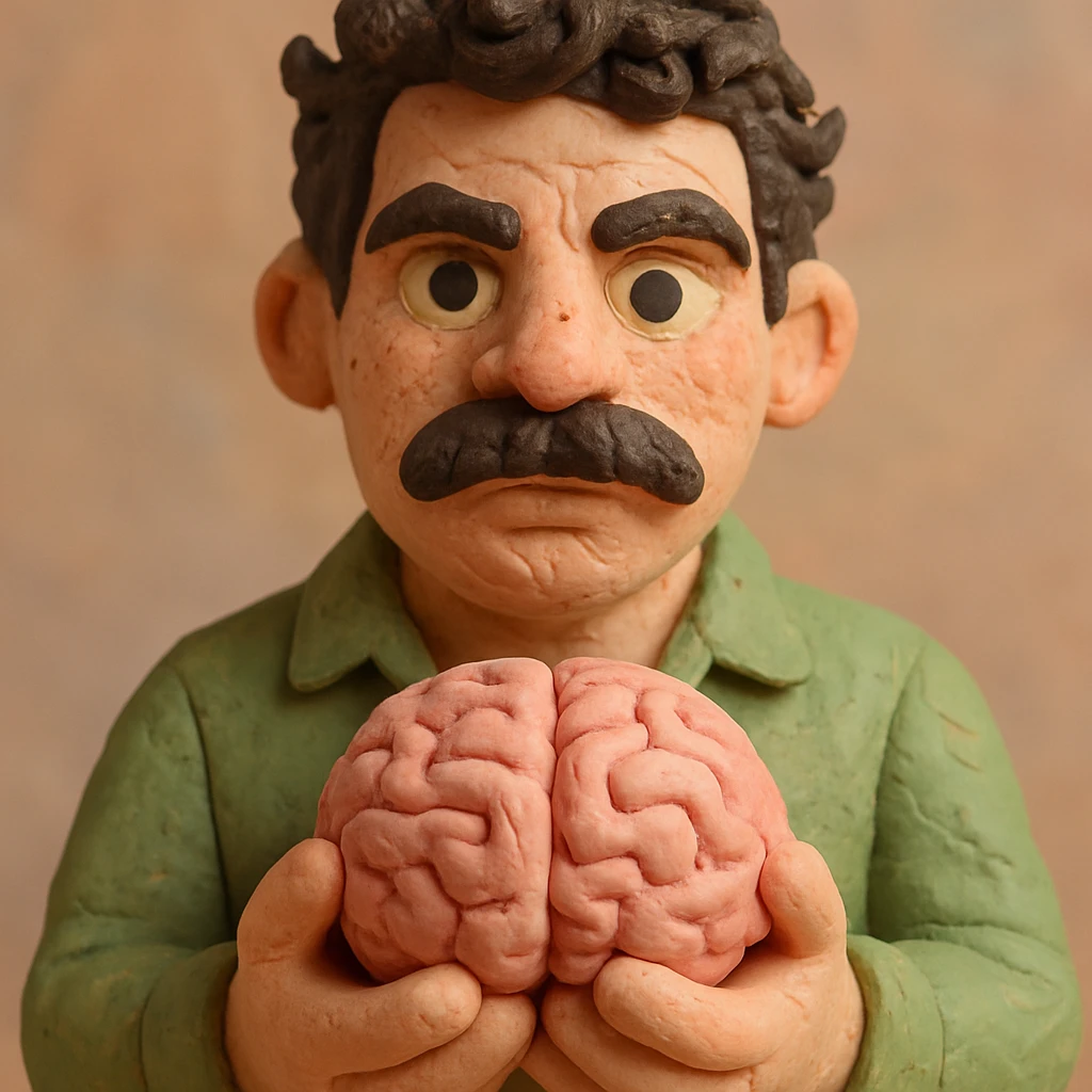 Make the claymation man holding a brain look more like the person in the reference photos: dark curly hair, thick mustache, light skin, similar facial features, claymation style with visible fingerprints and pastel colors. emoji