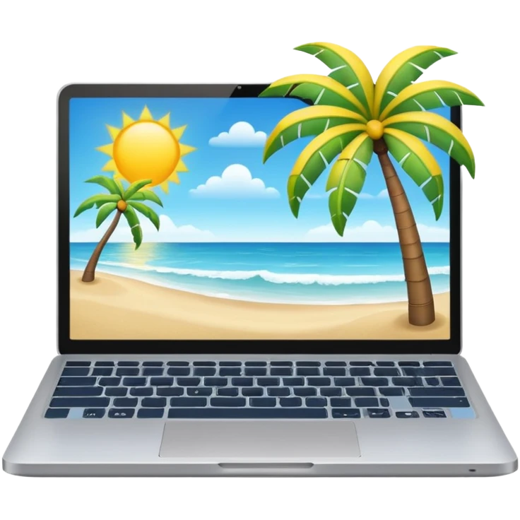 A minimalist emoji-style icon representing workation: An open laptop in the foreground on the beach. Background shows sea, sun, and a palm tree. No people, no text, clean and simple design like an emoji. emoji
