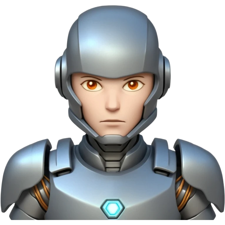 mechanical armored man portrait, head and shoulders only, futuristic metal armor, glowing energy lines, robotic shoulder plates, intense expression, sci-fi warrior vibe, 3D cartoon style, mobile game icon style, clean background, no text, no watermark
  emoji