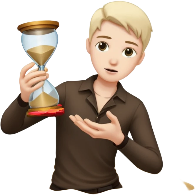 Character holding a broken hourglass, sand frozen mid-air emoji
