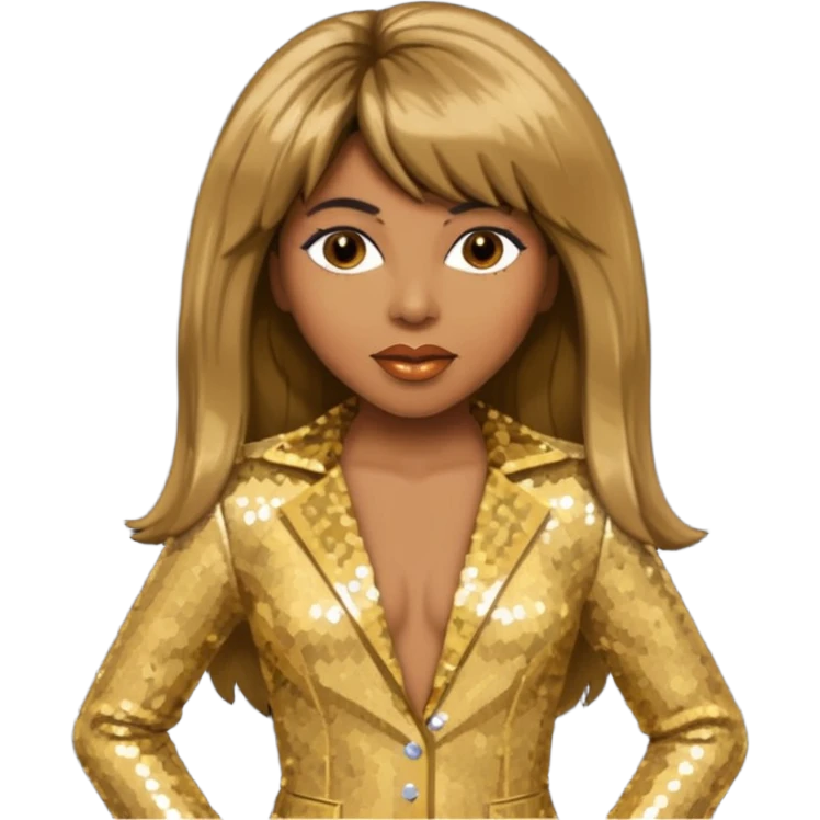 Tina Turner with long brown straight hair, gold sequin outfit emoji