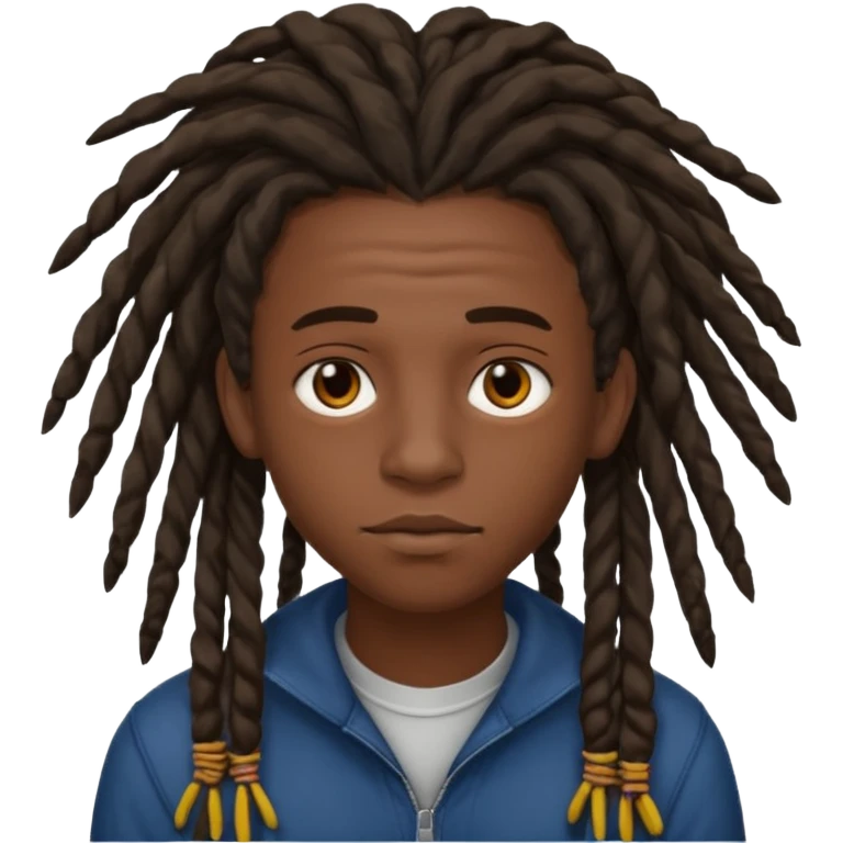 Une homme de 17 ans il a la peau noir foncé , des lèvres pulpeuses et un regard nonchalant. Il a un des locks emoji