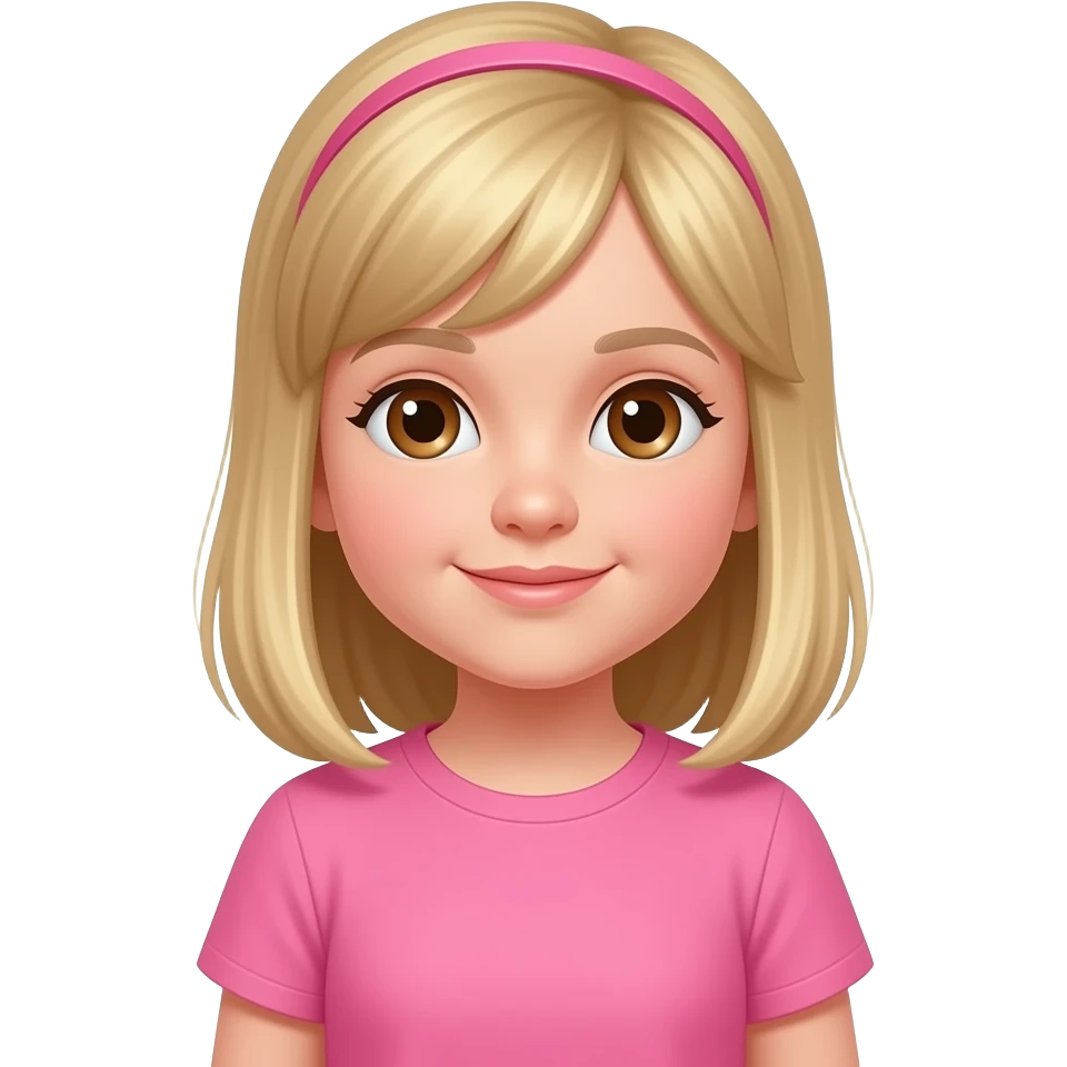 Stunning little 4 year old girl blonde straight hair no bangs brown eyes pink tshirt pink hair tie emoji
