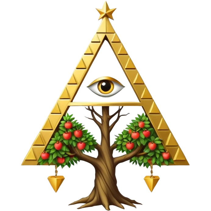 Annunaki tree from Garden of eden, that is actually a ancient tech antenna with illuminati all seeing eye in traingle symbol at the top and with little pyramids hanging like apples emoji